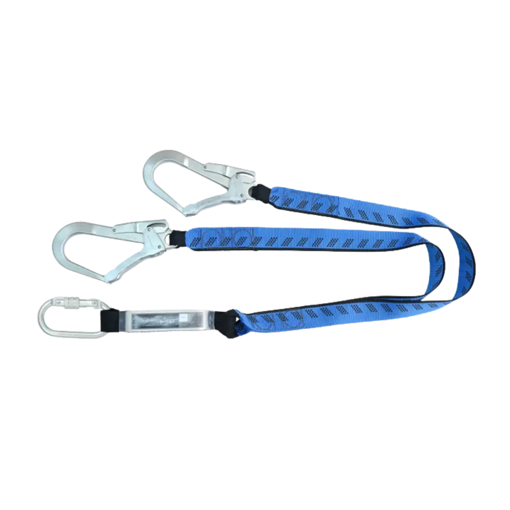 Essential Shock Absorbing Lanyard Twin Leg Webbing 1.8m c/w Steel Screw Lock Karabiner & Steel Scaffold Hook at the other ends