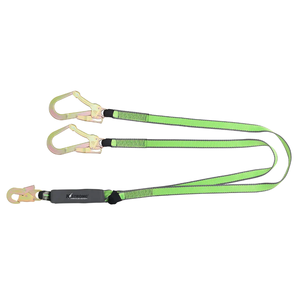 Discontinued - Elite Shock Absorbing Lanyard Twin Leg 30mm Webbing 1.5m c/w Steel Snap Hook & Steel Scaffold Hooks at other ends
